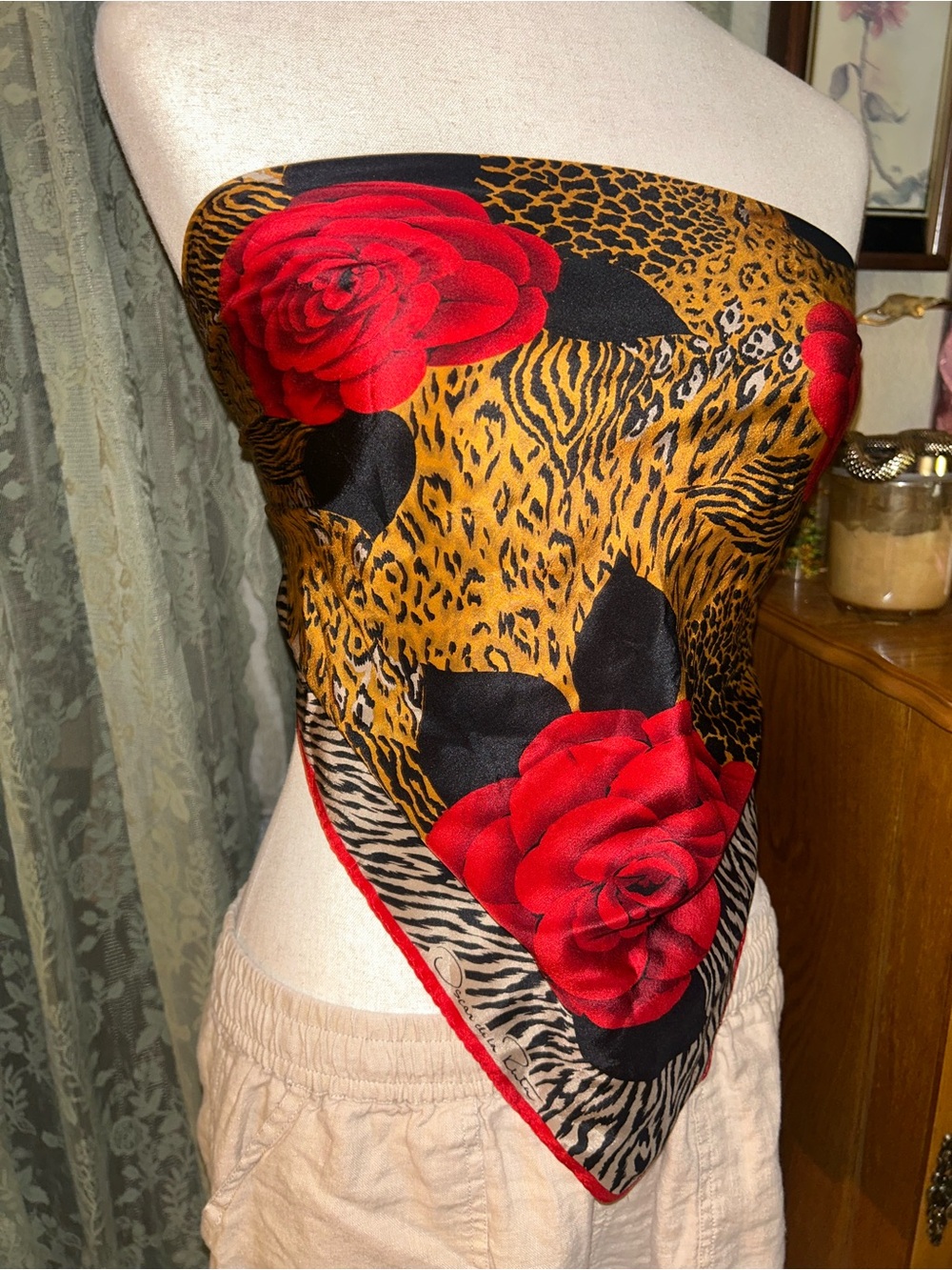 Oscar de la Renta Red Rose Animal Print Silk Scarf Top